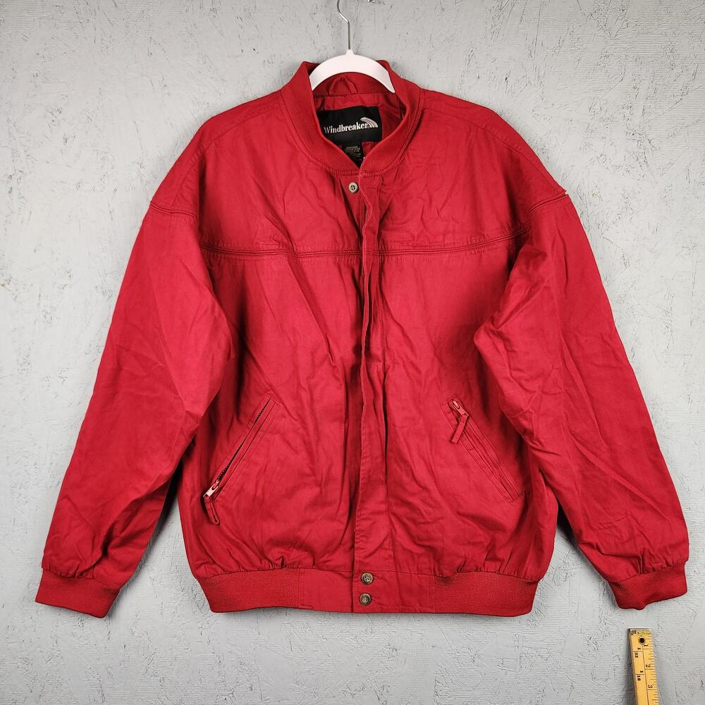 Vintage Windbreaker Jacket Mens Large Red Bomber Zip Lined Zip Pockets Poicket